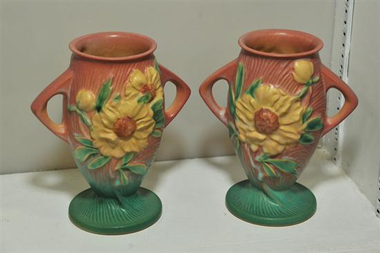 Appraisal: PAIR OF ROSEVILLE VASES In the peony pattern - Handled