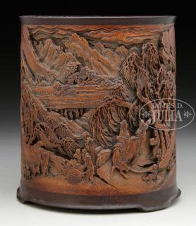 Appraisal: CARVED BAMBOO BRUSH POT China The pot intricately carved with