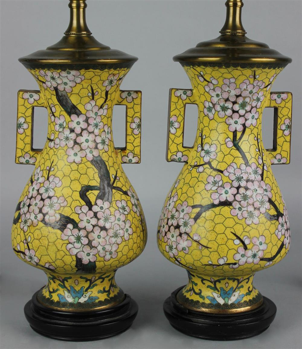 Appraisal: PAIR OF CHINESE CLOISONNE ENAMEL VASES NOW MOUNTED AS LAMPS