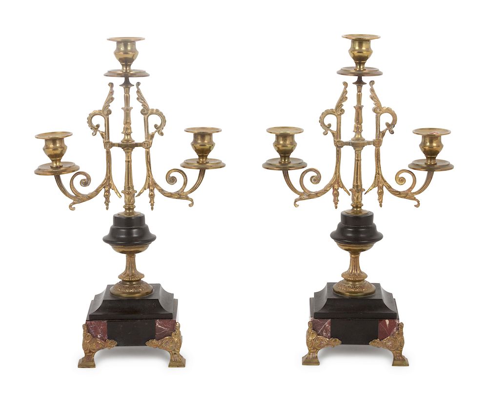 Appraisal: A Pair of Continental Marble and Brass Three-Light Candelabra Height