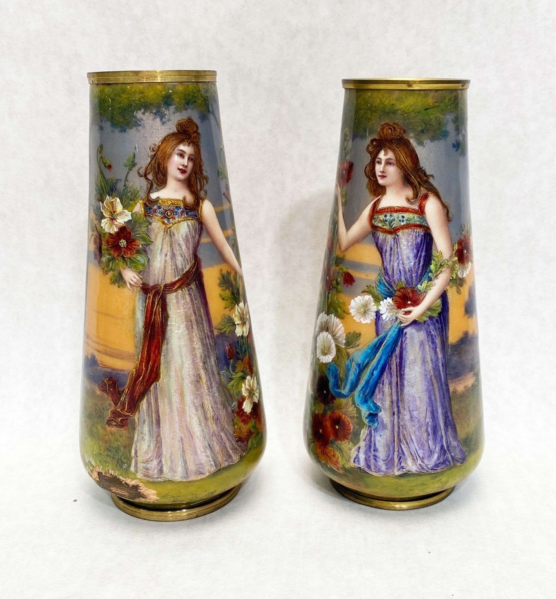 Appraisal: Pair French Enameled Hand Painted VasesFemale figures Late thc tall