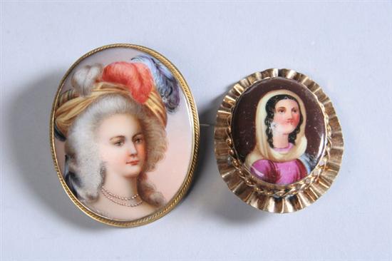 Appraisal: TWO MINITAURE PORTRAIT BROOCHES One of a French lady in