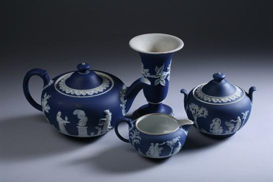 Appraisal: FIVE PIECES WEDGWOOD BLUE AND WHITE JASPERWARE Including teapot two