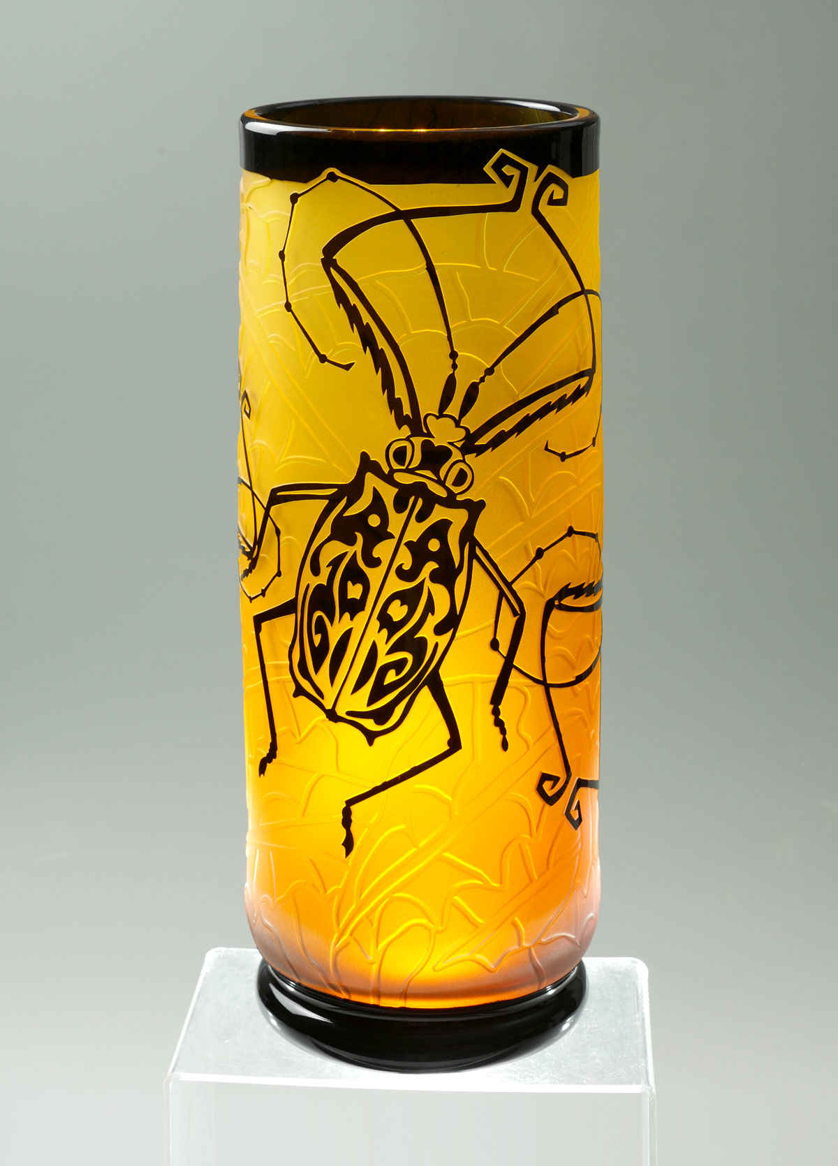 Appraisal: DUNCAN MCCLELLAN BEETLE MOTIF VASE Cylindrical form having an acid