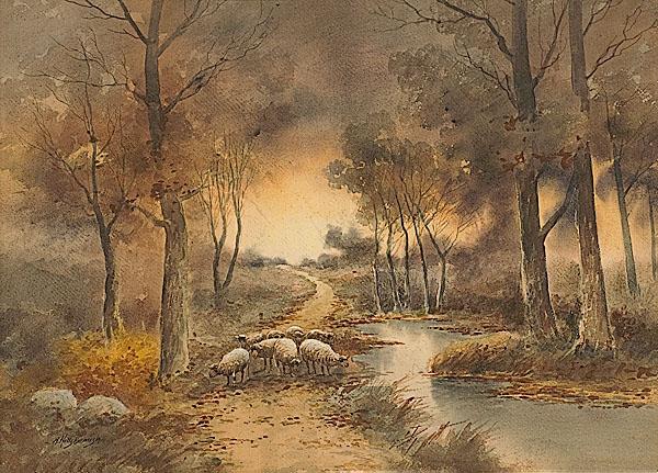 Appraisal: WATERCOLOR WITH SHEEP BY R HILLS BEMISH watercolor on paper