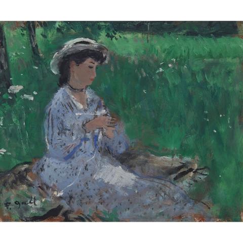 Appraisal: Francois Gall - YOUNG WOMAN KNITTING IN A MEADOW French