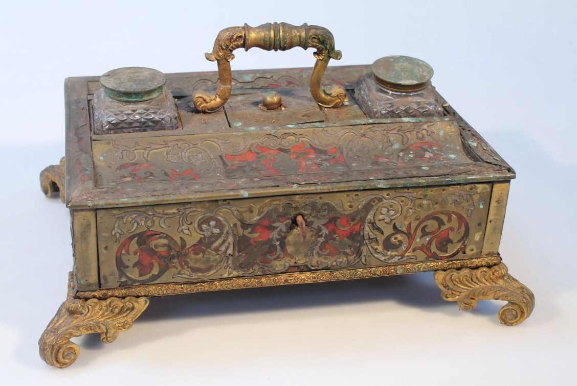 Appraisal: A thC boule and tortoiseshell inkstand the rectangular body centred