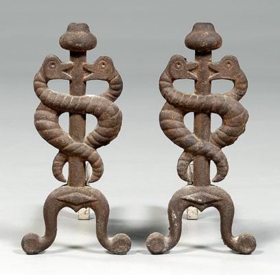 Appraisal: Pair cast iron snake andirons posts with intertwined snakes arched