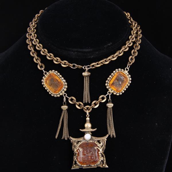 Appraisal: Edwardian brass necklace with Bohemian intaglio and embossed glass cameos