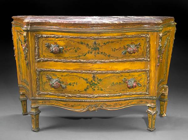 Appraisal: A Venetian paint decorated marble top commode th century and