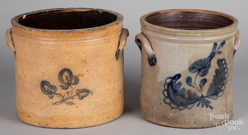 Appraisal: Two cobalt decorated stoneware crocks th c Two cobalt decorated