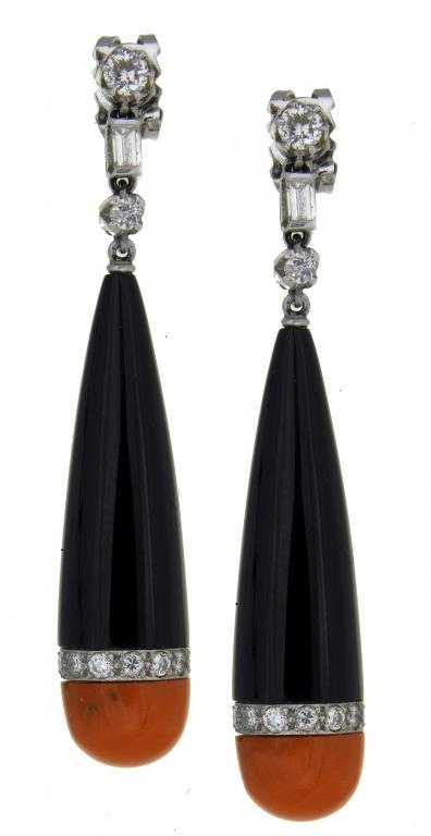 Appraisal: A PAIR OF DIAMOND BLACK ONYX AND CORAL EARRINGS the