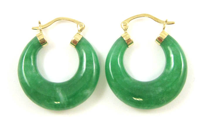 Appraisal: PAIR OF GREEN JADE HOOP EARRINGS each k yellow gold