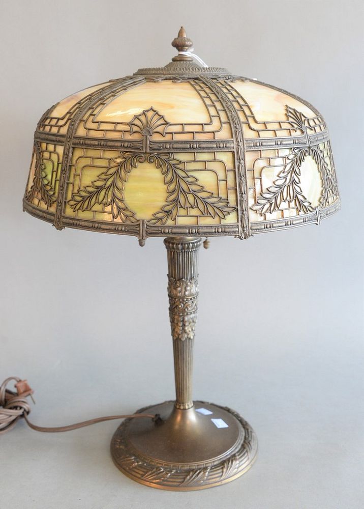 Appraisal: Slag Glass Table Lamp with metal work decoration height inches