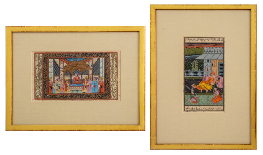 Appraisal: INDIAN ILLUMINATED MANUSCRIPT PAINTINGS PAIR Group of two Indian illuminated