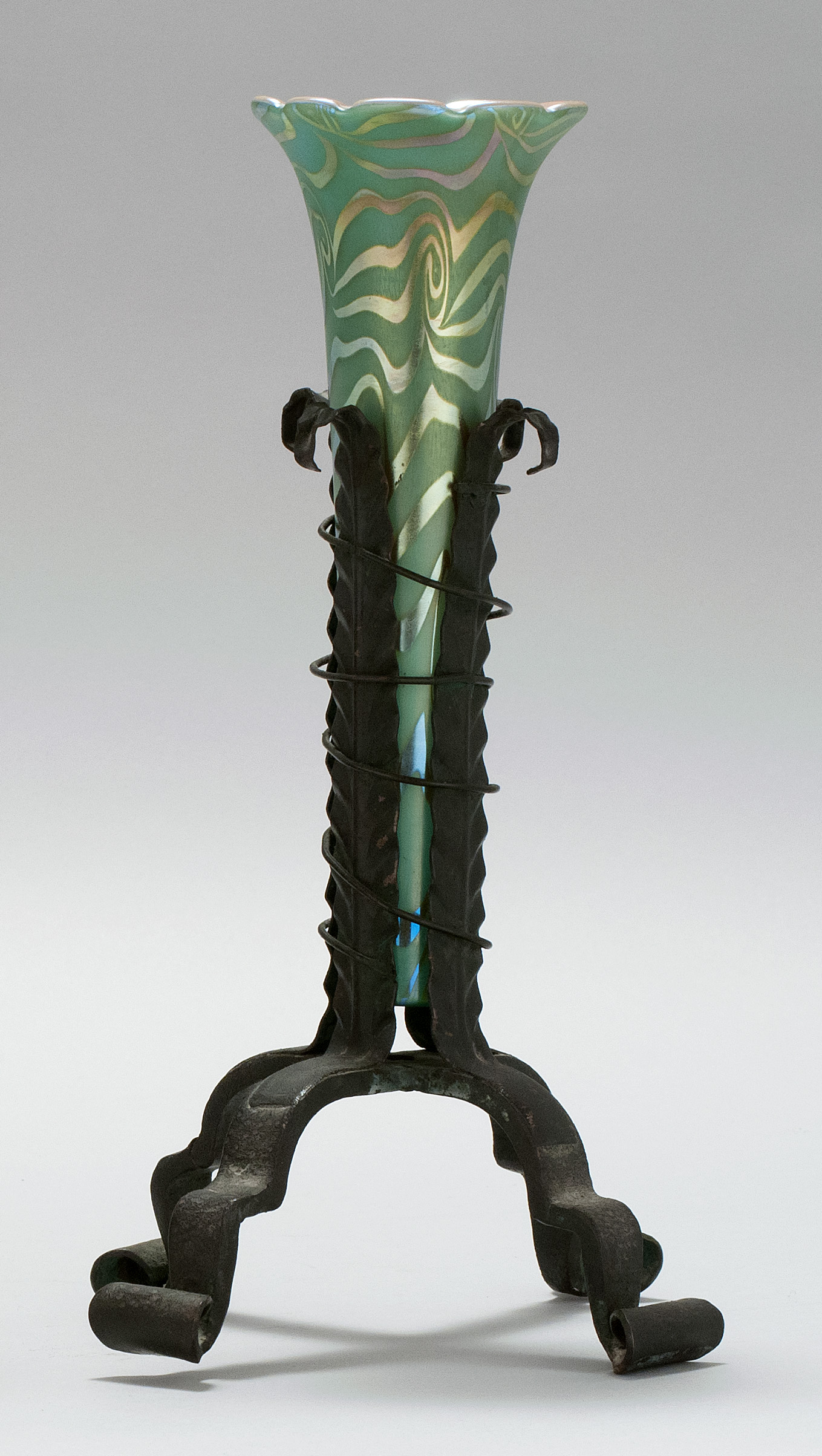 Appraisal: ART GLASS WHITE METAL AND WROUGHT IRON VASE ATTRIBUTED TO