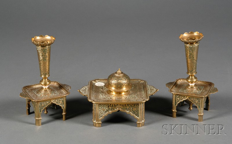 Appraisal: Pair of Islamic-style Brass Candlesticks and Inkwell th century all