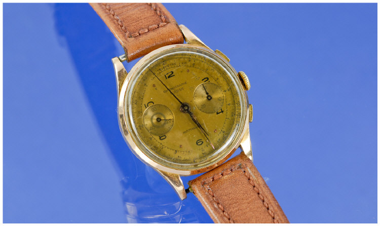 Appraisal: ct Gold Gents Chronograph Suisse Wristwatch Gilt Dial With Arabic