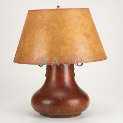 Appraisal: ARTS CRAFTS Copper and mica table lamp two sockets Unmarked