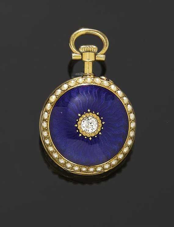 Appraisal: ENAMEL DIAMOND AND PEARL MINIATURE PENDANT WATCH B POITEVIN Paris