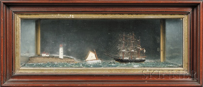 Appraisal: Mirrored Cased Diorama of a Brig in Coastal Waters America