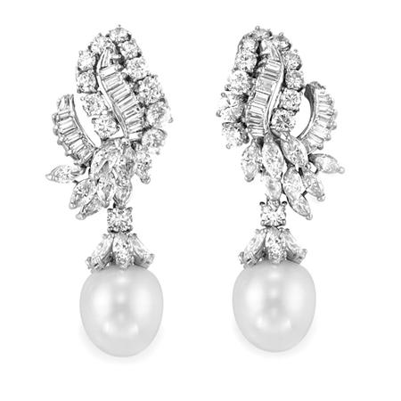 Appraisal: Pair of Diamond and Cultured Pearl Pendant-Earrings Estimate -