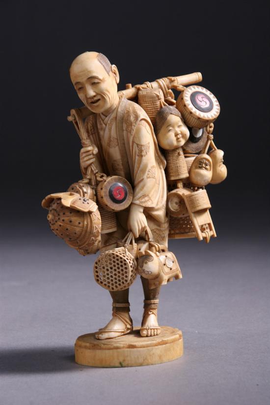 Appraisal: JAPANESE IVORY OKIMONO OF PEDDLER With bamboo pole carrying many