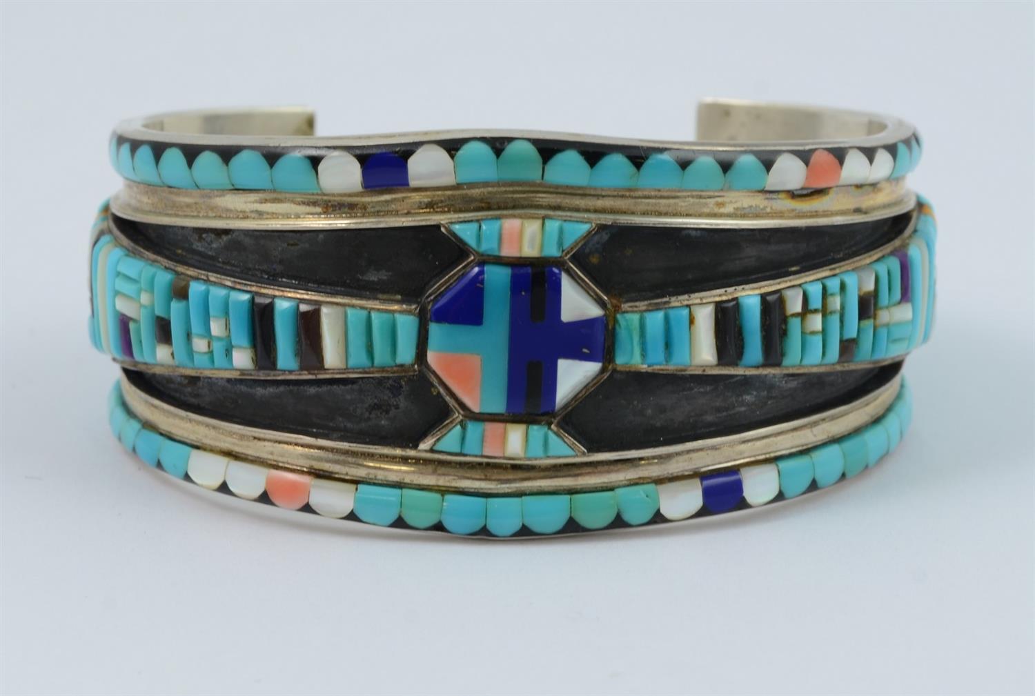 Appraisal: Zuni sterling cuff bracelet with black onyx turquoise abalone mother