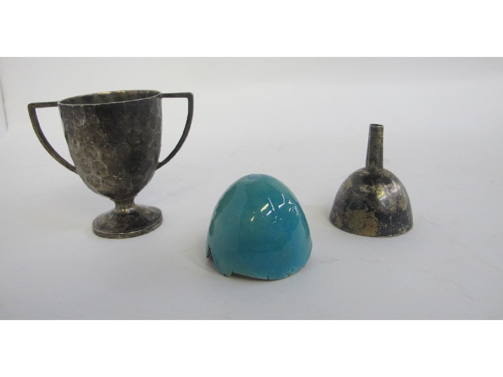 Appraisal: Lot comprising enamel 'eggshell' silver funnel and a silver trophy