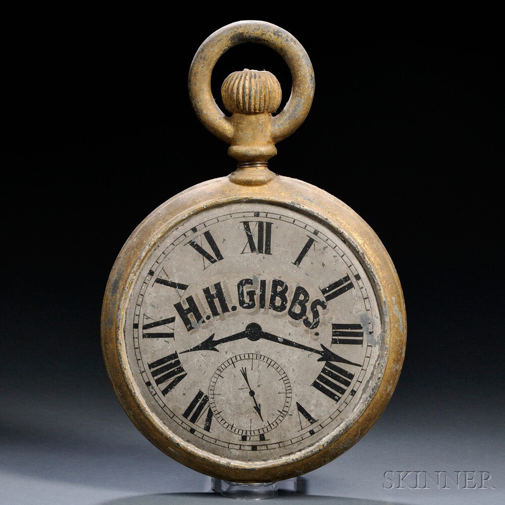 Appraisal: Gilt and Painted Zinc Pocket Watch-form Jeweler's Trade Sign America