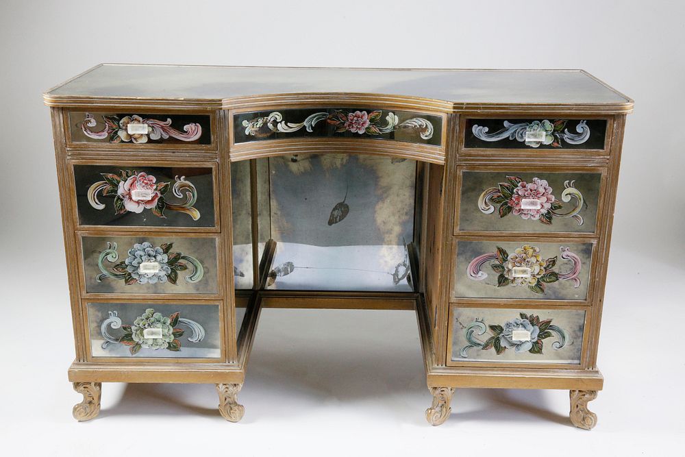 Appraisal: Contemporary Hand Decorated Mirrored Lady's Dressing Table Contemporary Hand Decorated