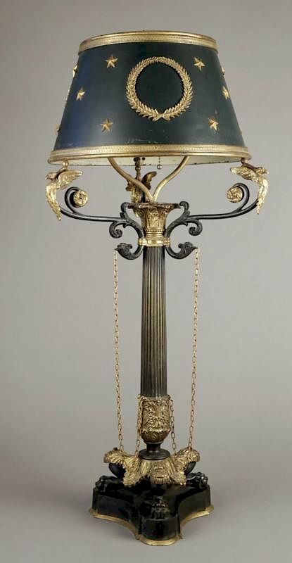 Appraisal: Empire Tole Table Lamp Columnar form on tripod paw feet