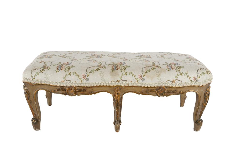 Appraisal: LOUIS XV STYLE PAINTED GILT STOOLcovered with multi-colored floral fabric