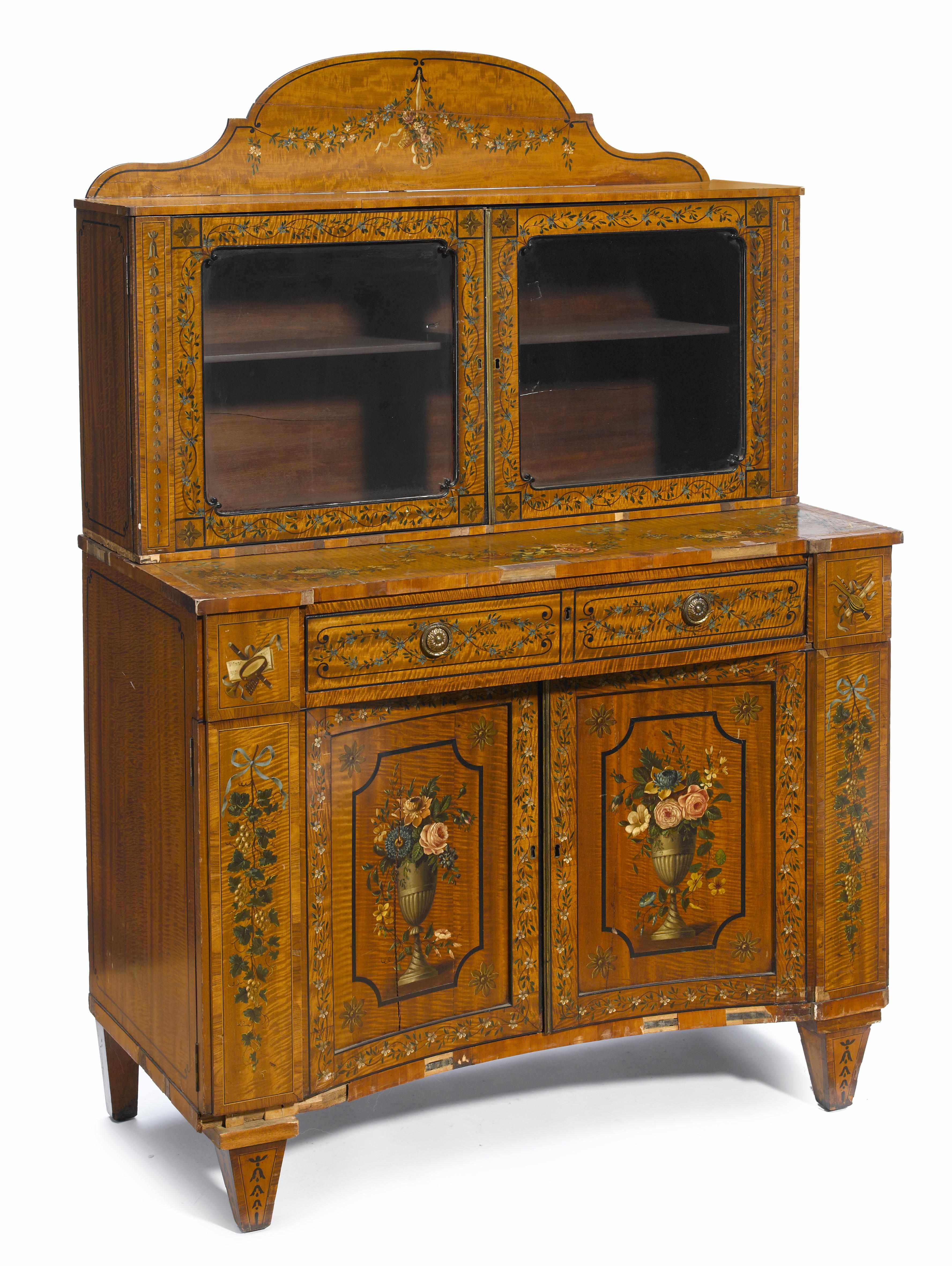 Appraisal: A George III paint decorated satinwood cabinet with associated superstructure