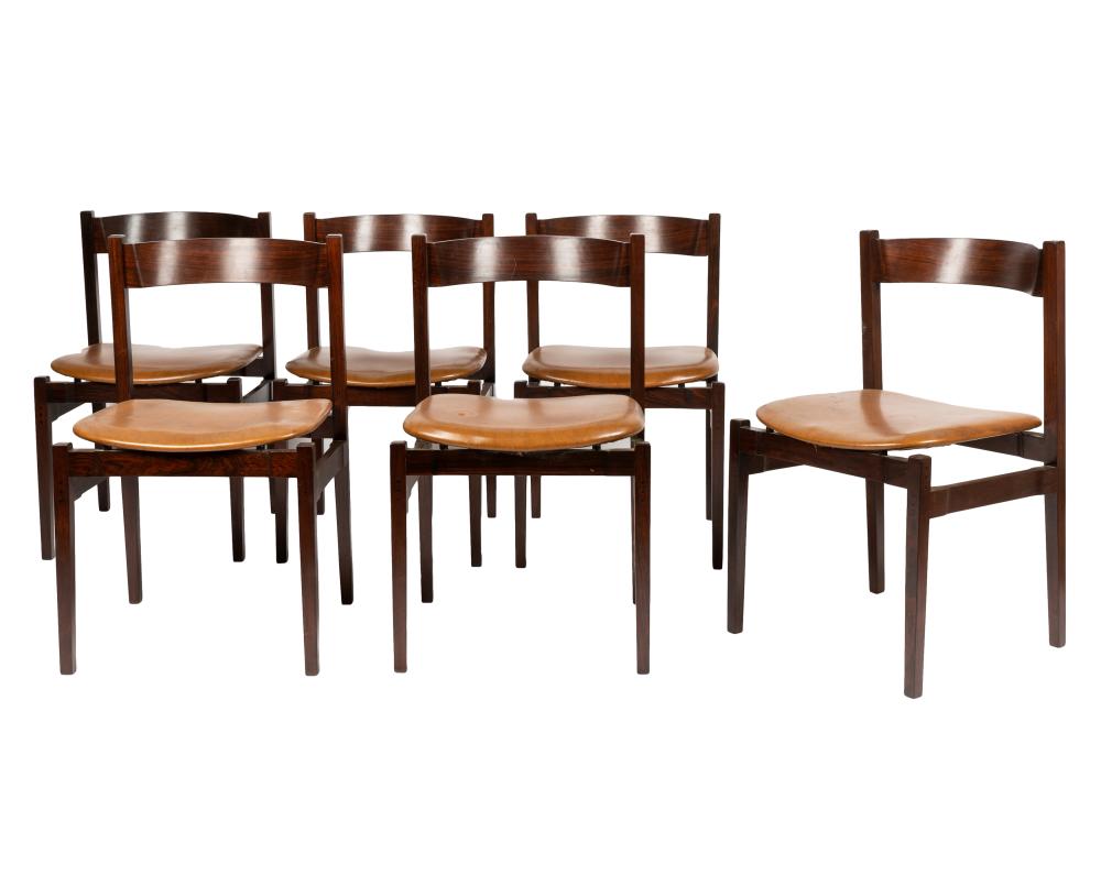 Appraisal: SIX GIANFRANCO FRATTINI CASSINA DINING CHAIRSItaly s rosewood and tan