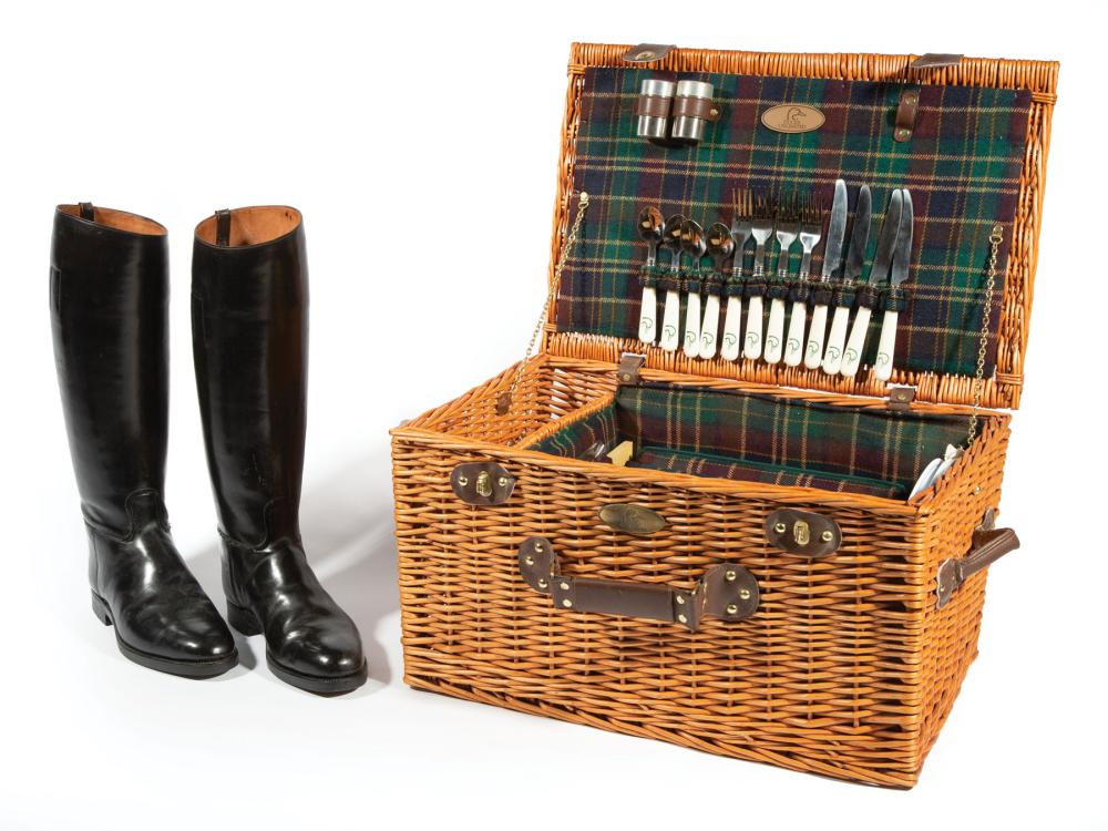 Appraisal: Pair of English Riding Boots and a Picnic Basket boots