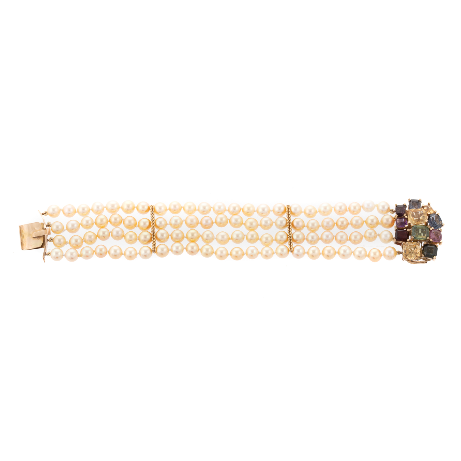 Appraisal: A MULTI-COLOR TOURMALINE PEARL BRACELET K yellow gold four strand