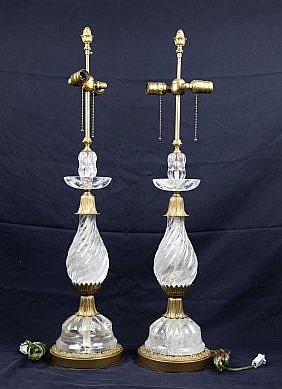 Appraisal: PAIR OF LARGE GILT BRONZE AND ROCK CRYSTAL LAMPSThe spiral