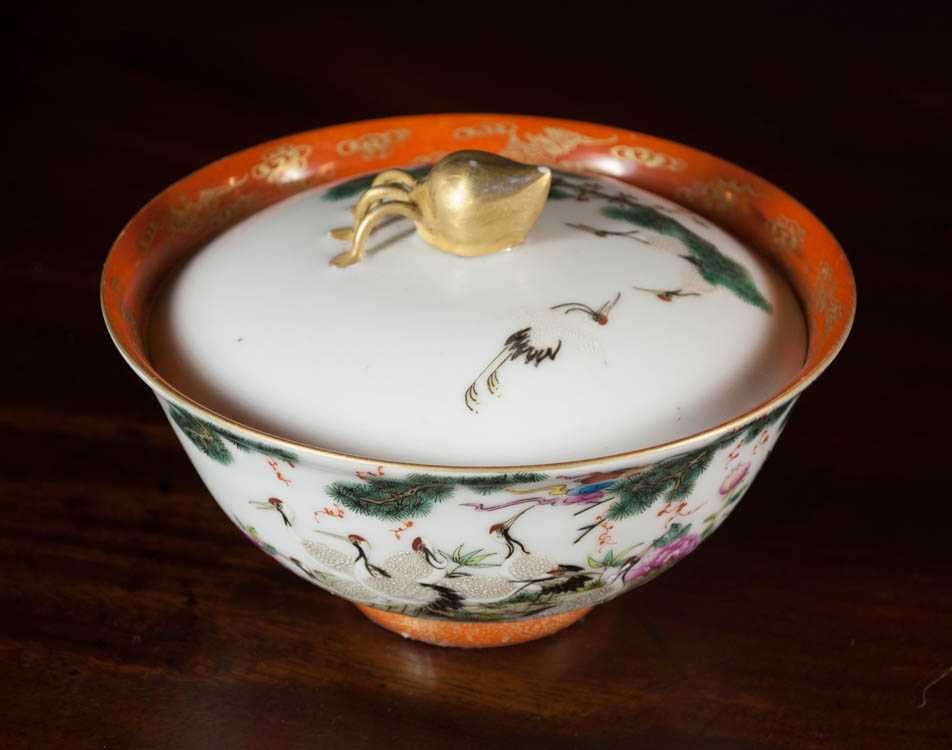 Appraisal: CHINESE QING PORCELAIN LIDDED BOWL with hand enameled cranes and