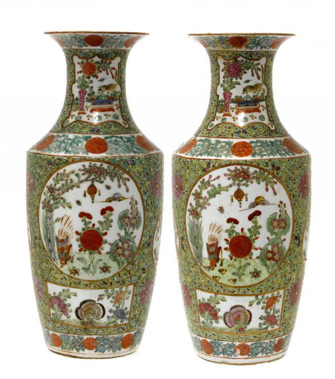 Appraisal: A PAIR OF CANTON VASES enamelled with scenes and birds