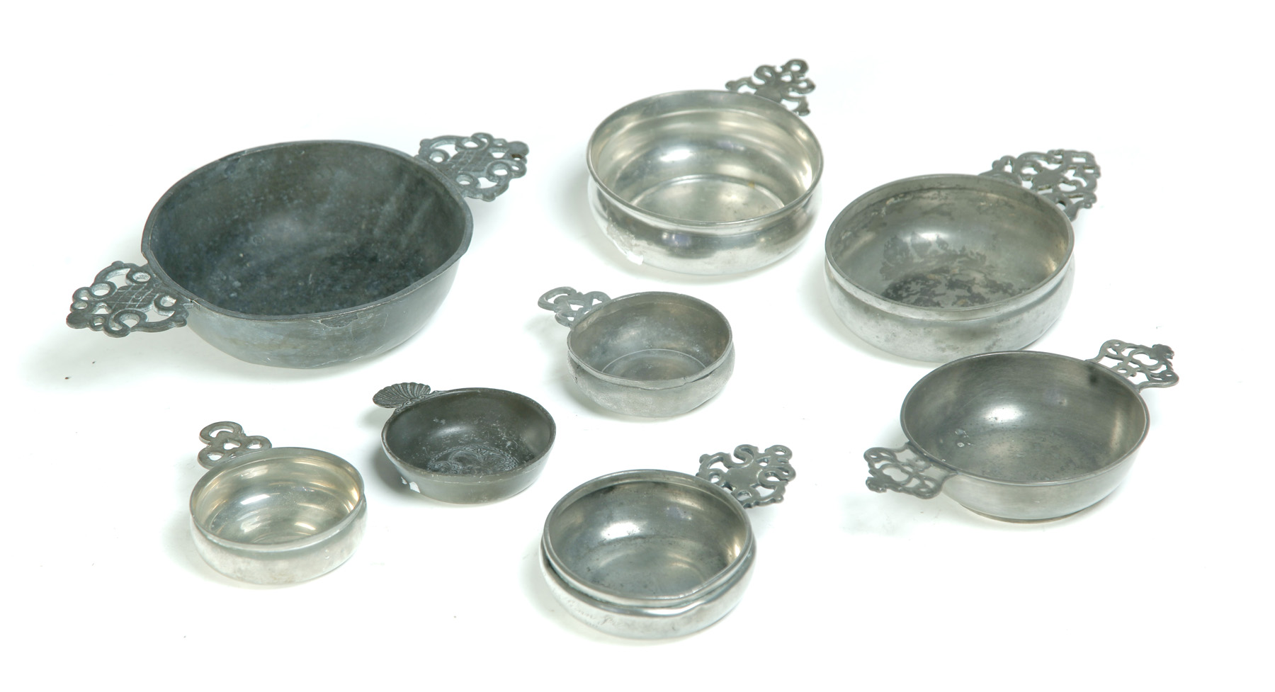 Appraisal: EIGHT EUROPEAN PEWTER PORRINGERS Nineteenth century to across