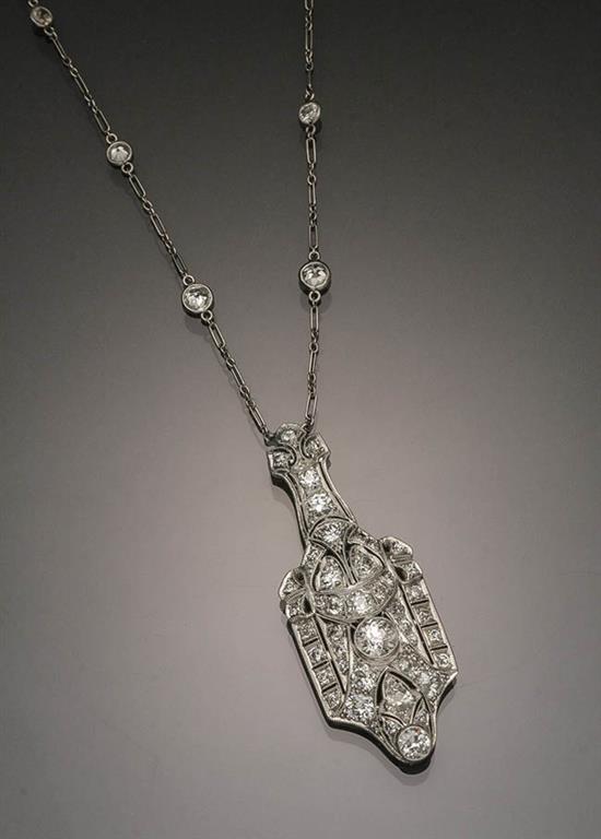 Appraisal: Art Deco Platinum and Diamond Lavalier with Chain Circa The