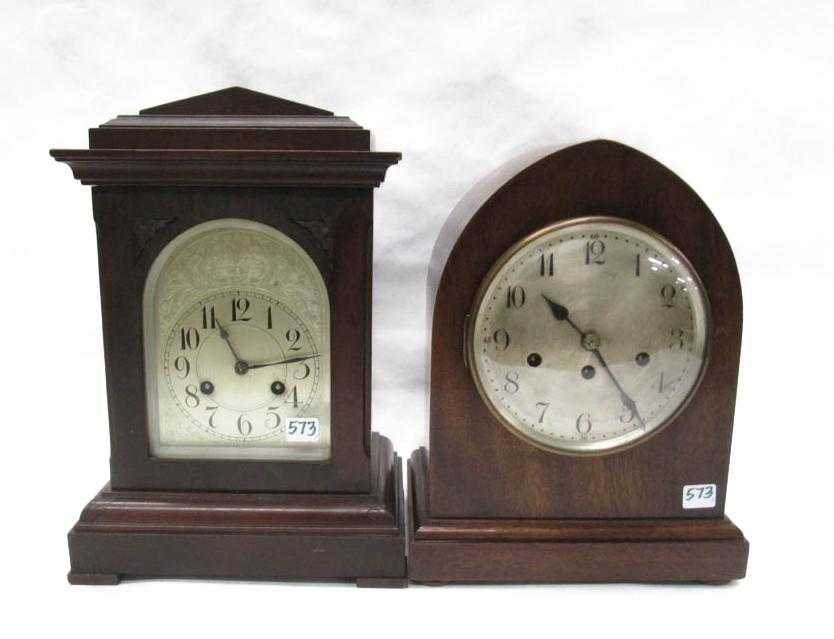 Appraisal: TWO MAHOGANY CASE MANTEL CLOCKS Junghans Clock Co German both