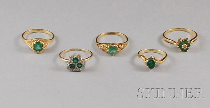 Appraisal: Five kt Gold and Green Gemstone Rings three with diamonds