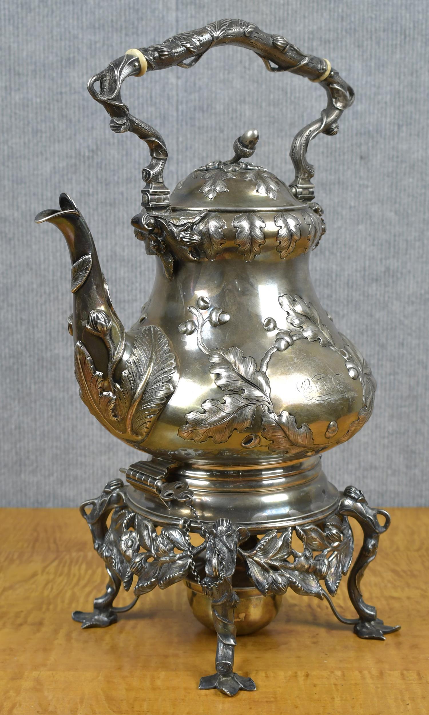 Appraisal: S T CROSBY BOSTON COIN SILVER KETTLE ON STAND Mid-