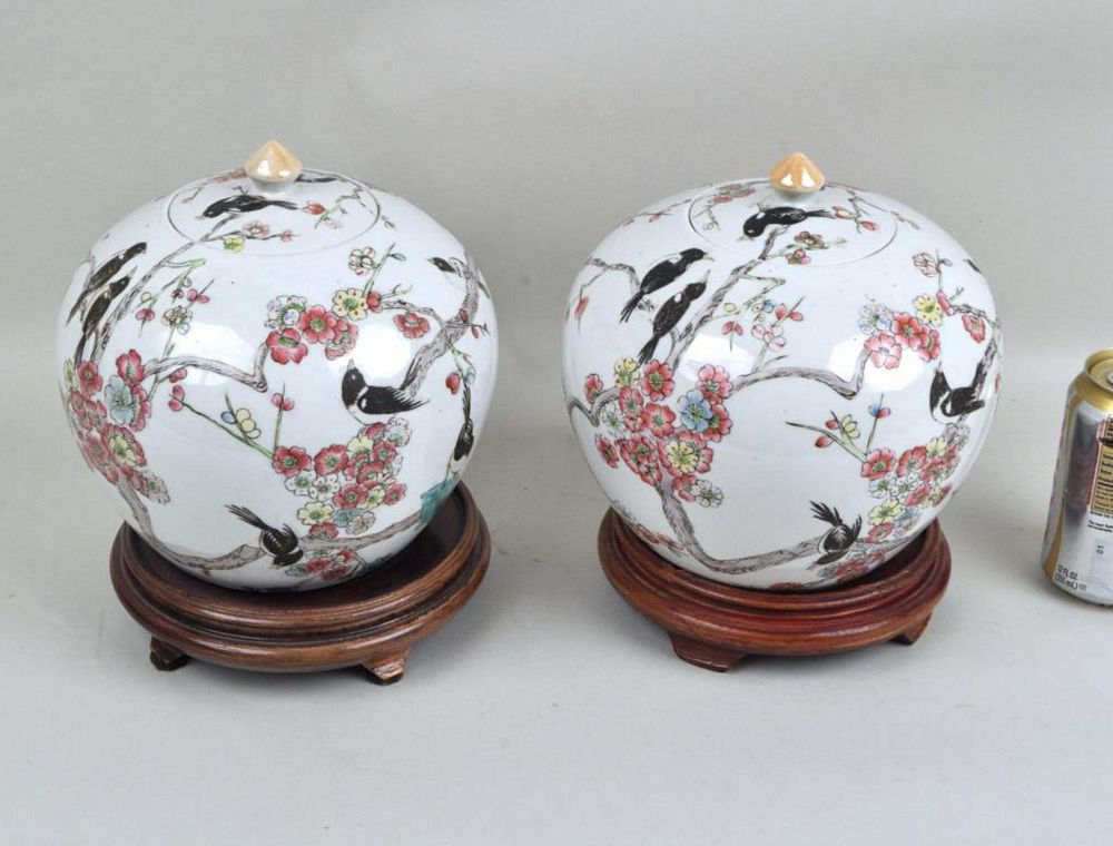 Appraisal: Pair Chinese Famille Rose Ovoid Lidded Jars painted with birds