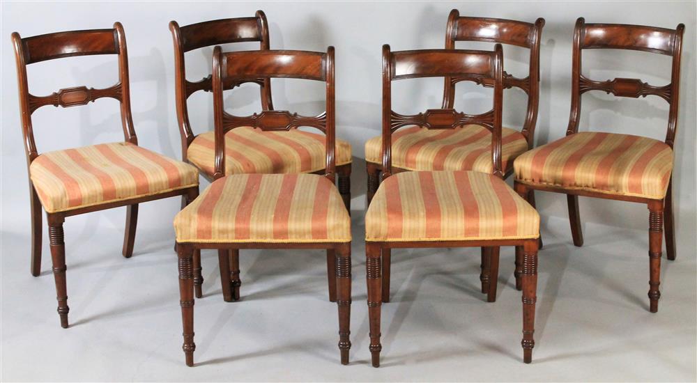 Appraisal: SET OF SIX REGENCY CARVED MAHOGANY SIDE CHAIRS WITH UPHOLSTERED