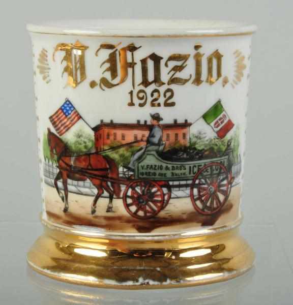 Appraisal: Horse-Drawn Ice Coal Wagon Shaving Mug Description Dated Gilt name