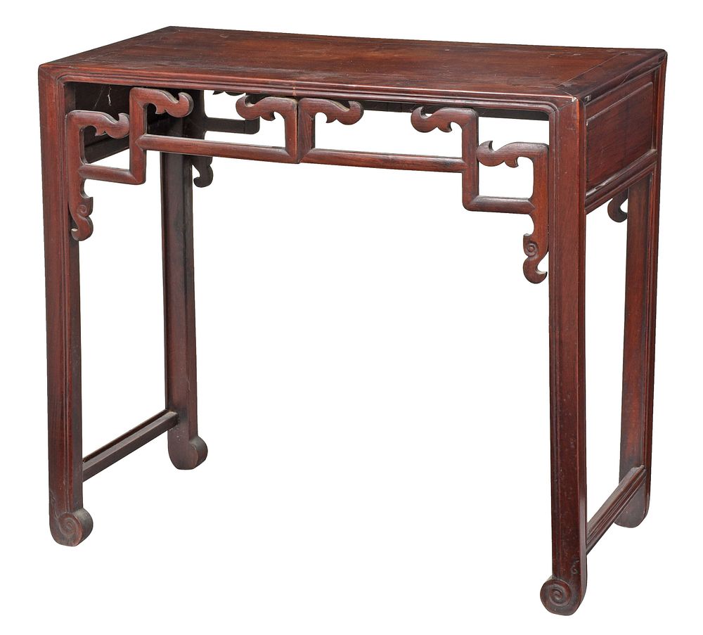 Appraisal: Chinese Carved Figured Hardwood Table figured hardwood possibly huanghuali with