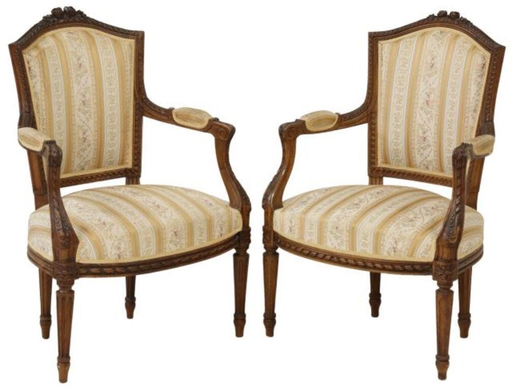 Appraisal: pair French Louis XVI style armchairs early th c carved